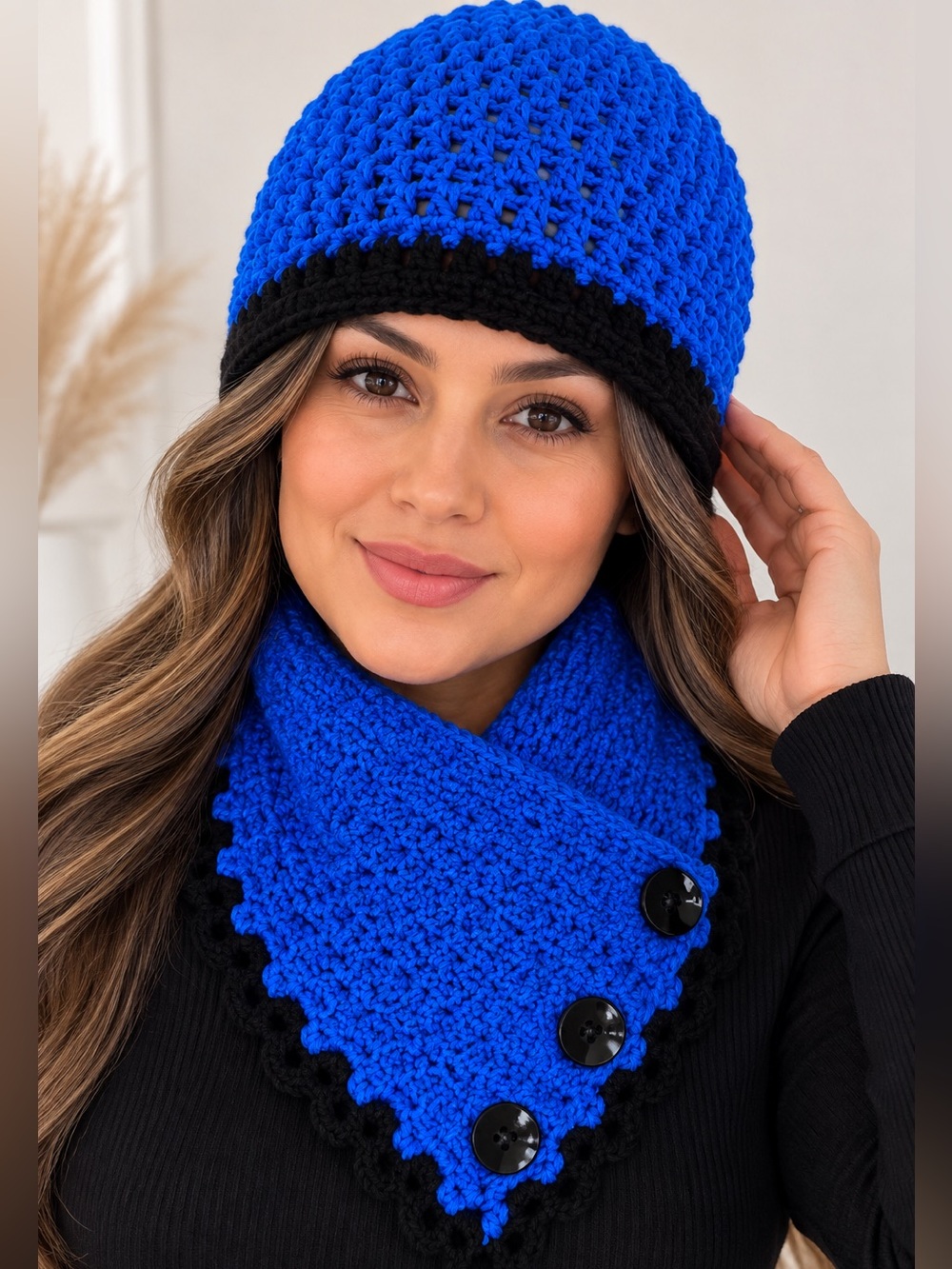 New Handmade Crochet Hat & Neck Set Women's Size OS Blue Black Beanie Stretch